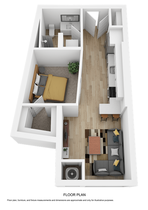 A floor plan of a house with furniture and appliances.